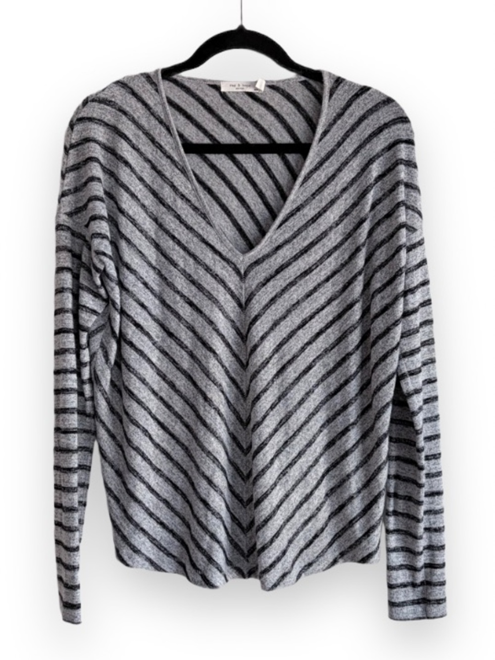Rag & Bone Black and Gray Chevron Stripe V Neck Knit Shirt Size M